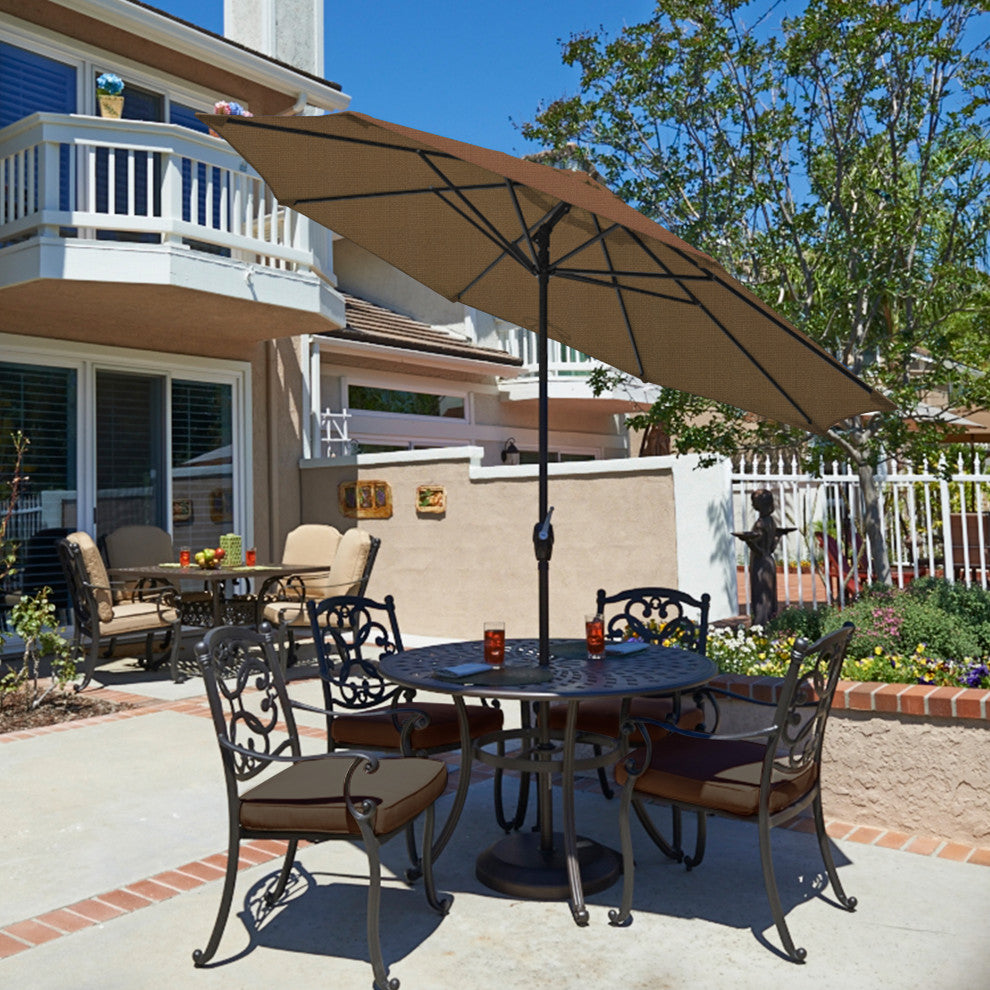 9' Bronze Auto-tilt Crank Lift Aluminum Umbrella, Olefin, Woven Sesame