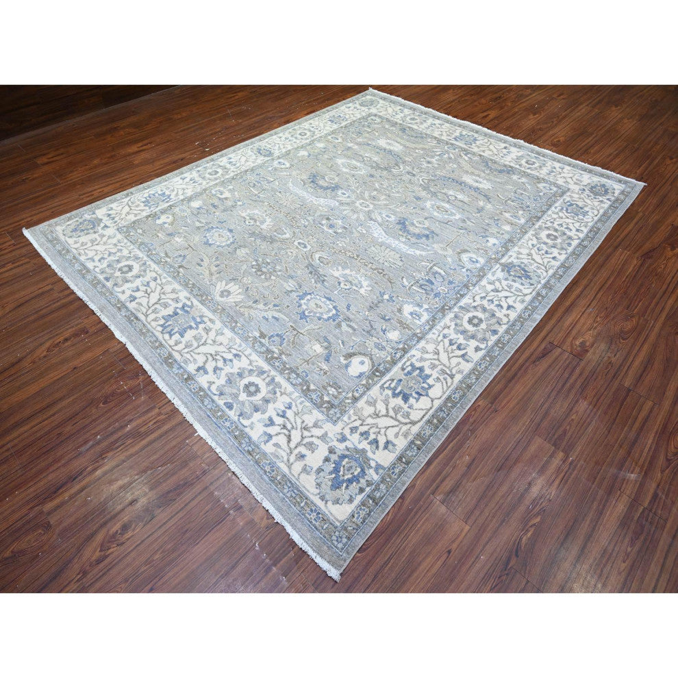 Electric Gray Heris Serrated Leaf Pattern Wool Hand Knotted Rug, 7'10"x9'9"