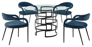 Diaz Morgan Matte Black Iron and Blue Fabric Glass Dining Table 5-Piece Set
