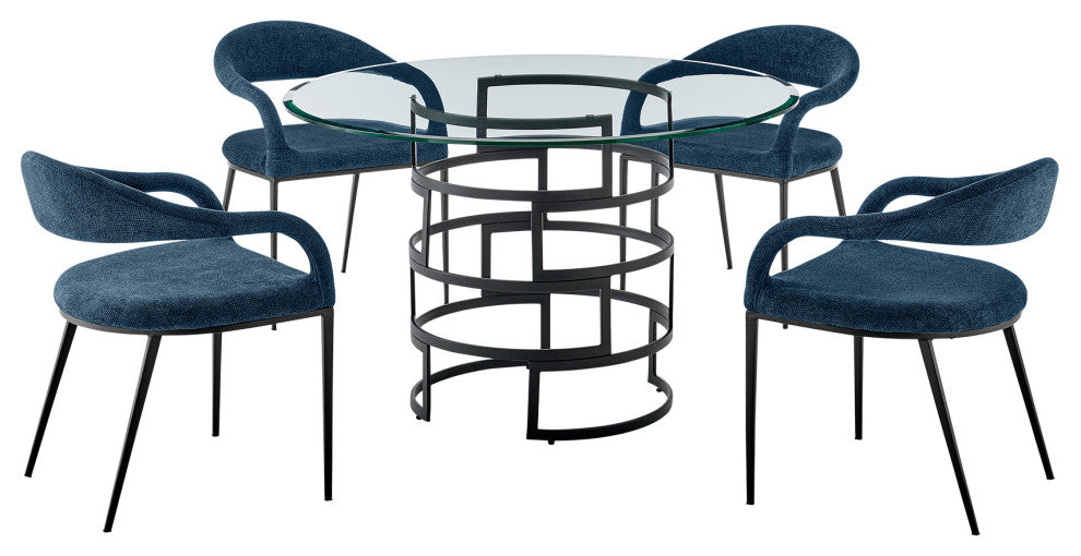 Diaz Morgan Matte Black Iron and Blue Fabric Glass Dining Table 5-Piece Set