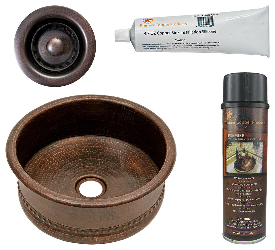 15" Round Bar Vessel Tub Sink, 2" Drain Opening, Drain & Accessories