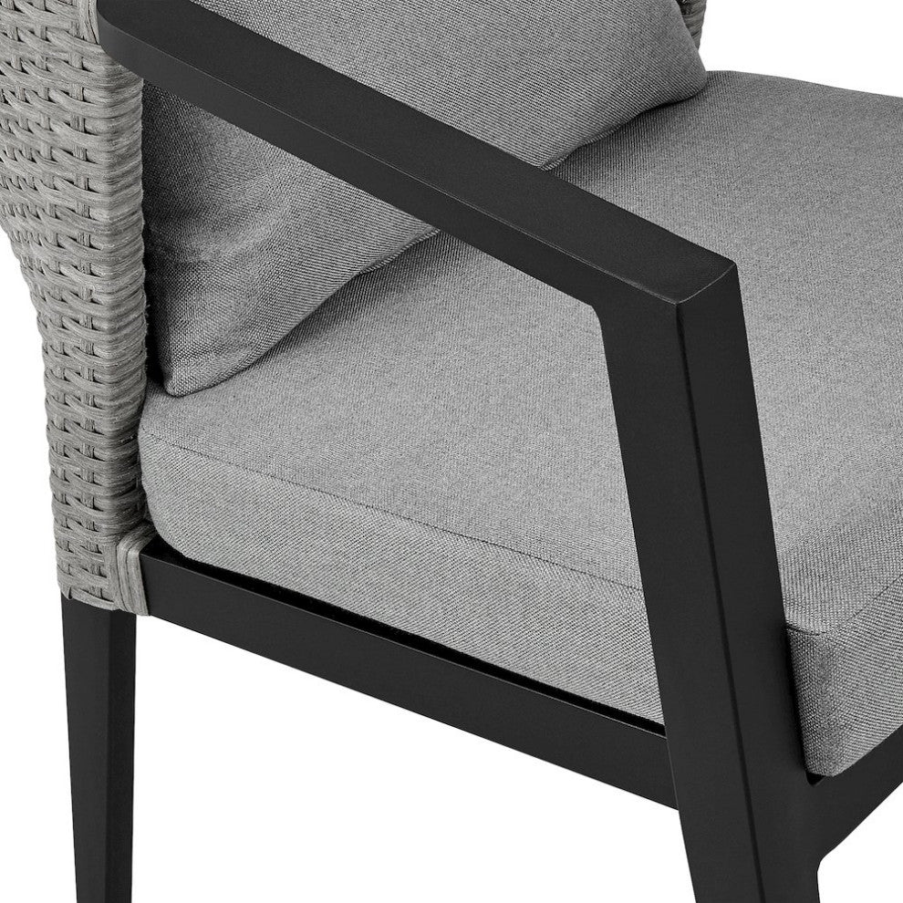 Outdoor Patio Dining Chairs in Aluminum and Wicker with Gray Cushions - Set of 2
