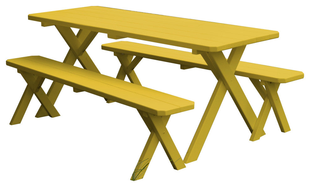Pine Cross-Leg Picnic Table With 2 Benches, Canary Yellow, 6', 2 Benches