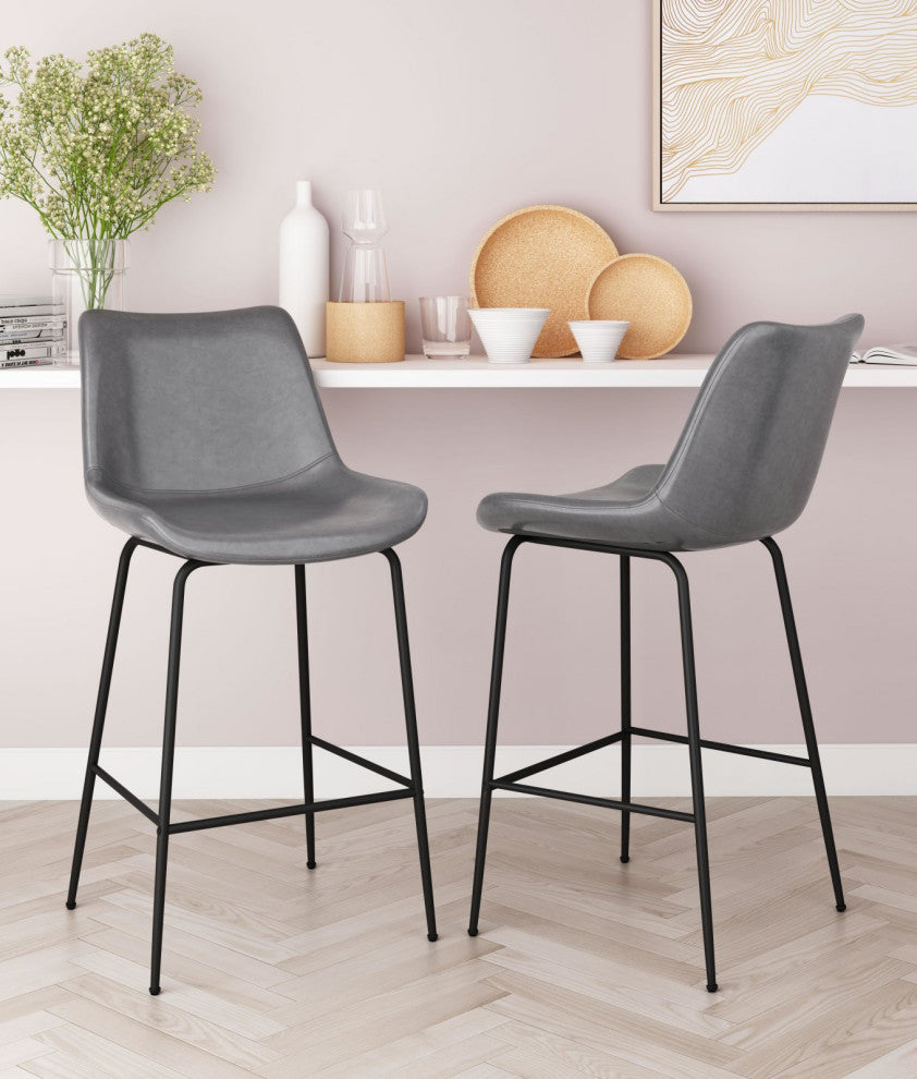 Counter Stool Chair, Faux Vinyl Leather, Steel, Gray, Black, Mid Century