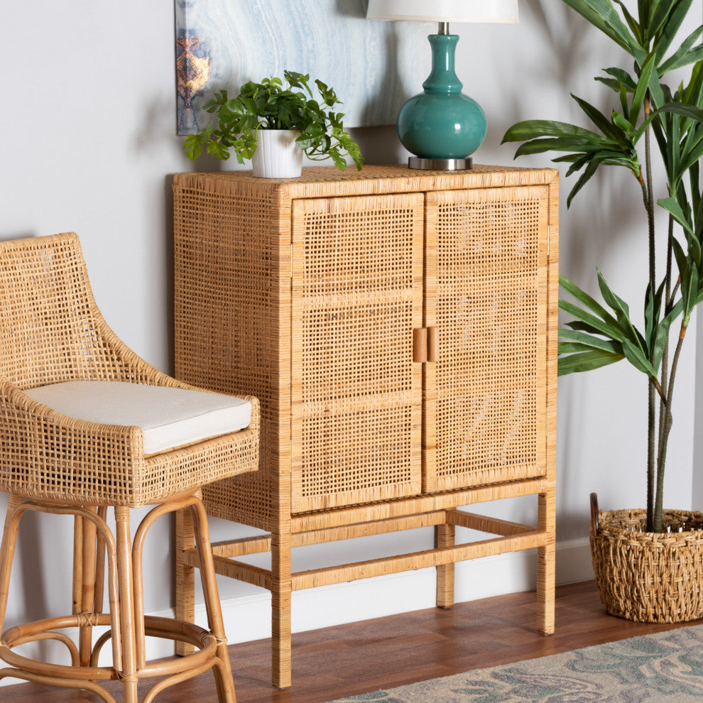 Vivan Bohemian Natural Brown Rattan and Mahogany Wood 3-Shelf Storage Cabinet