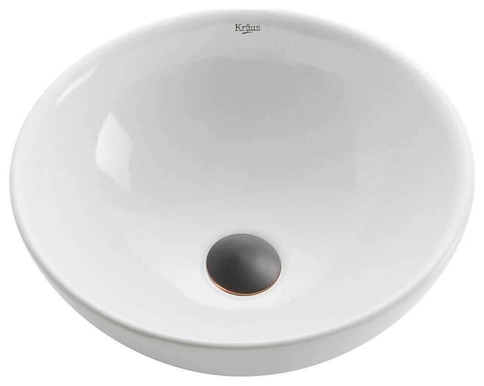 Elavo Ceramic Round Vessel White Sink, PU Drain Oil Rubbed Bronze