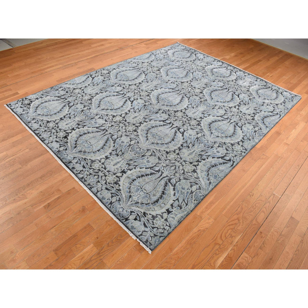 Goose Gray Pure Silk With Wool Tulip Flower Design Hand Knotted Rug 9'x12'2"