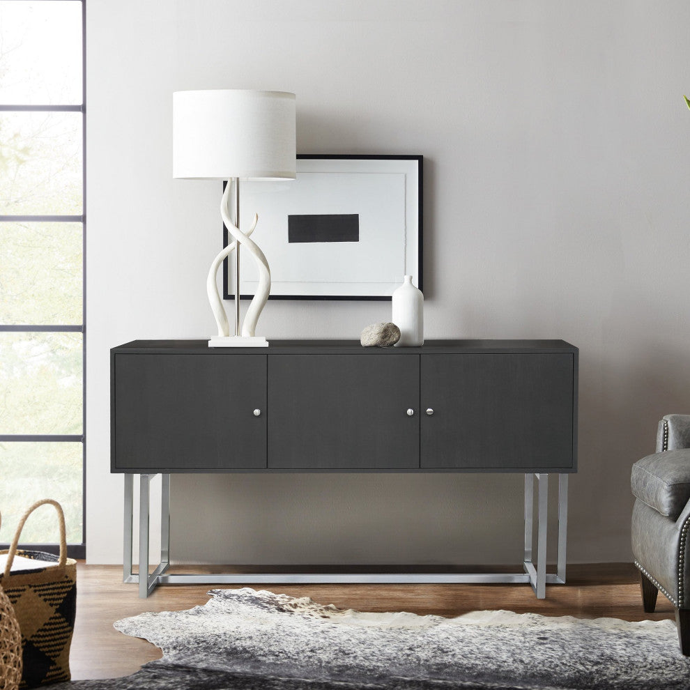 Contemporary Sideboard, Brushed Stainless Steel Finished Metal Legs & 3 Cabinets