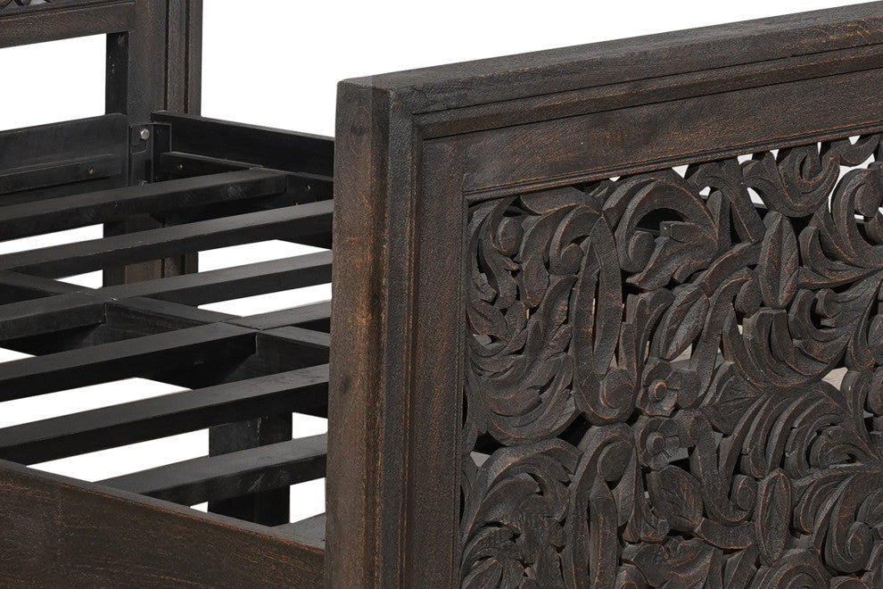 Abigail Floral Carved Solid Wood Queen Panel Bed, Black, Queen