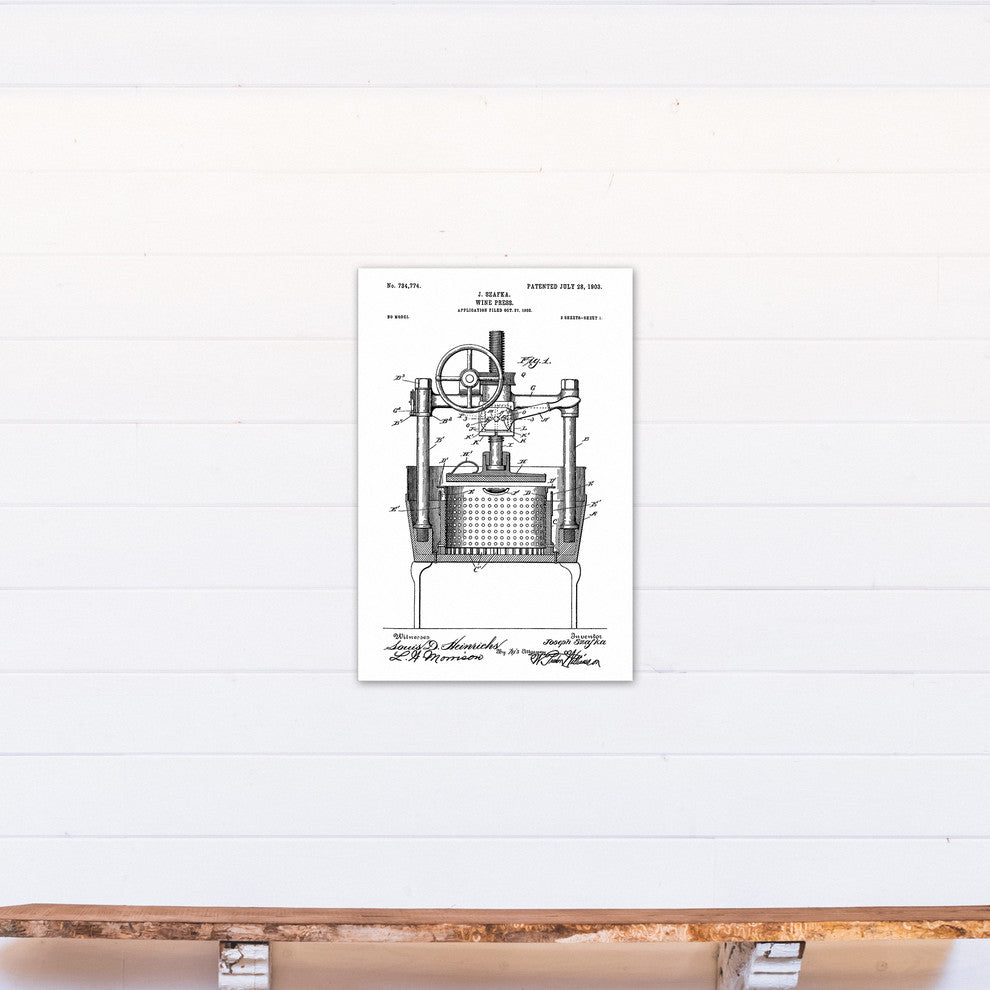 Vintage Wine Press Patent 20x30 Print on Canvas