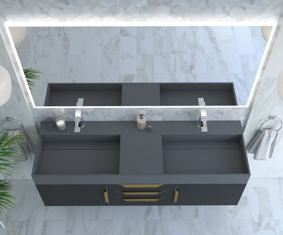 CastelloUSA Amazon 60" Wall Mounted Vanity Set, Black, Gray Top, Gold Handles