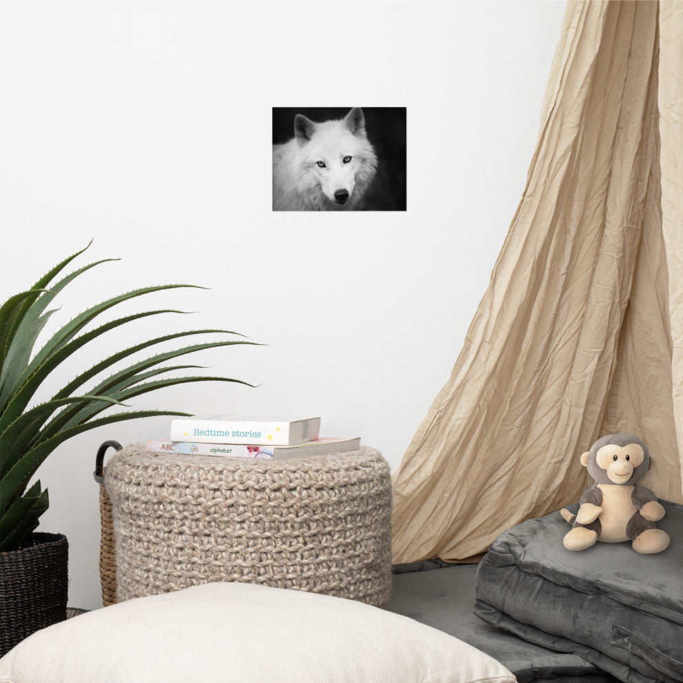 Black and White Portrait of White Wolf In The Forest Loose Wall Art Print, 8" X 10"