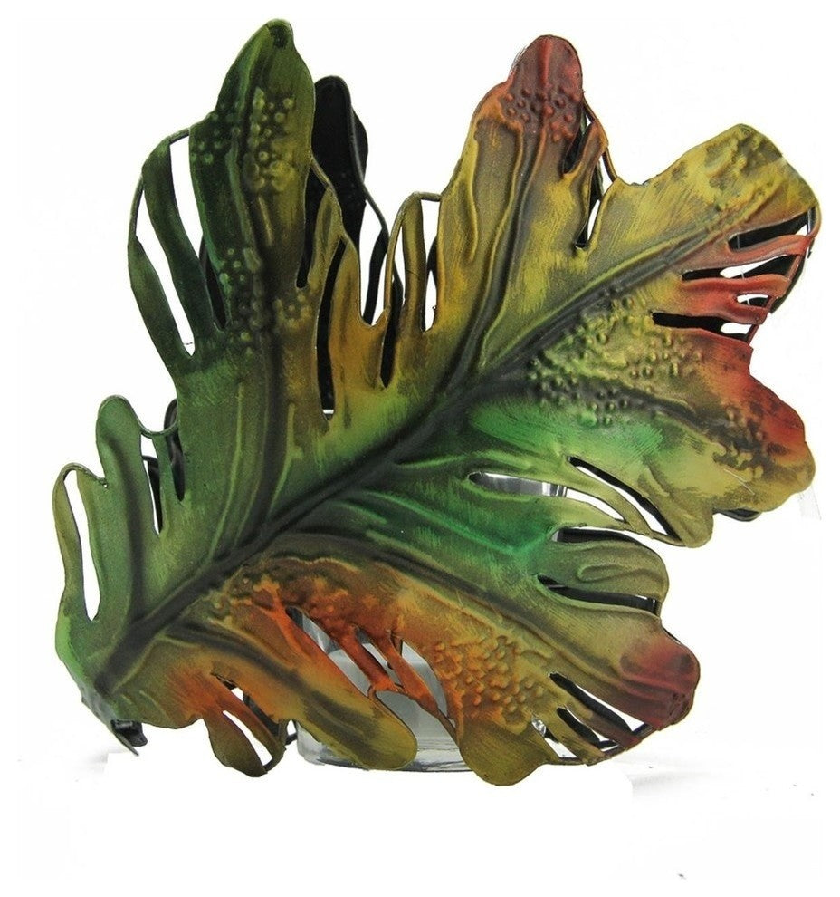 6" Autumn Colored Oak Leaf Metal Thanksgiving Leaf Votive Candle Holder