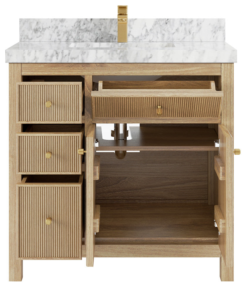 Sonoma 36 Center Sink Bath Vanity in Light Natural Teak with 2" Carrara Marble