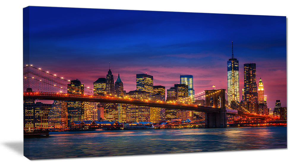 Manhattan with Lights and Reflections, Extra Large Canvas Art Print, 32"x16"