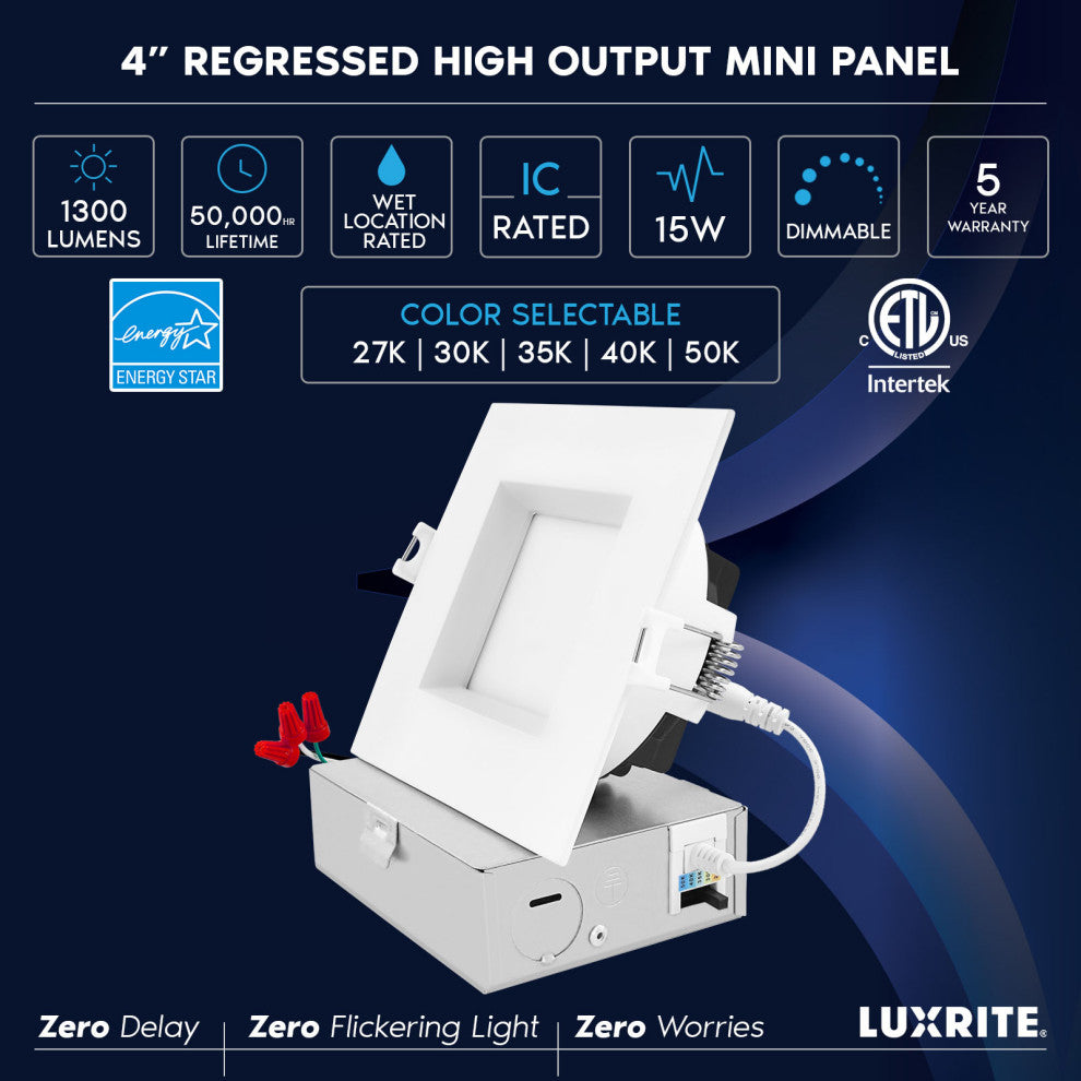 Luxrite 4" Square LED Recessed Light J-Box 15W 5CCT 1300LM 6 Pack