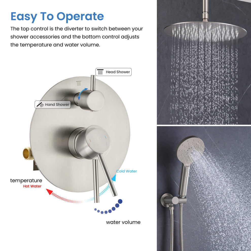 Ceiling Mounted 2-Function Shower System, Rough, Valve, Brushed Nickel
