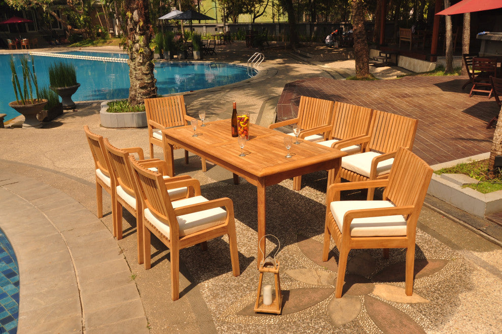 9-Piece Outdoor Patio Teak Dining Set: 71" Rectangle Table, 8 Maldives Arm Chair
