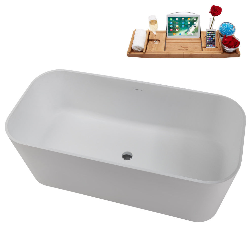 59" Streamline NS5780CH Matte White Stone Resin Bathtub, Tray With Chrome Drain