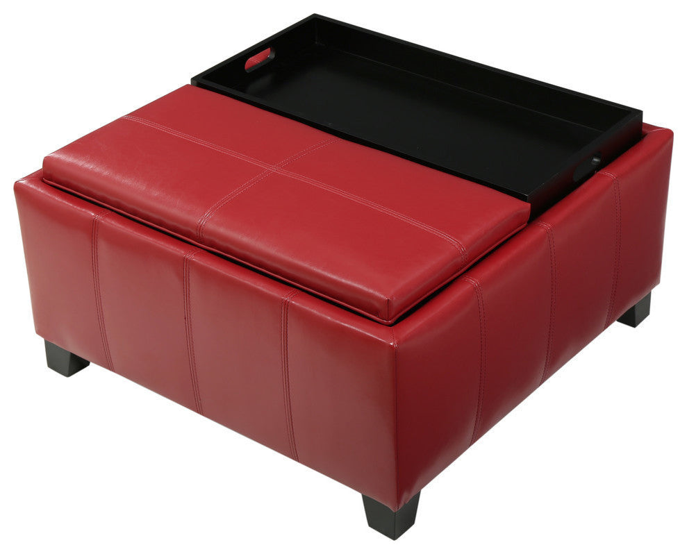 GDF Studio Justin Brown Leather Tray Top Storage Ottoman, Red