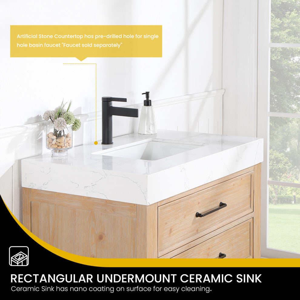 Leon Bath Vanity With Composite Stone Top, Fir Wood Brown, 36", No Mirror