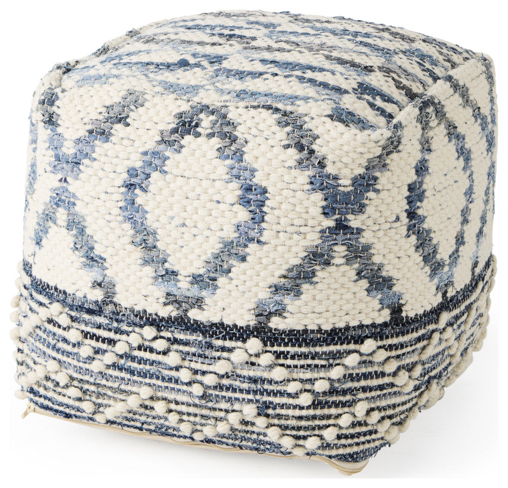 Eshana 16Lx16Wx16H Cream Wool and Denim Patterned Pouf