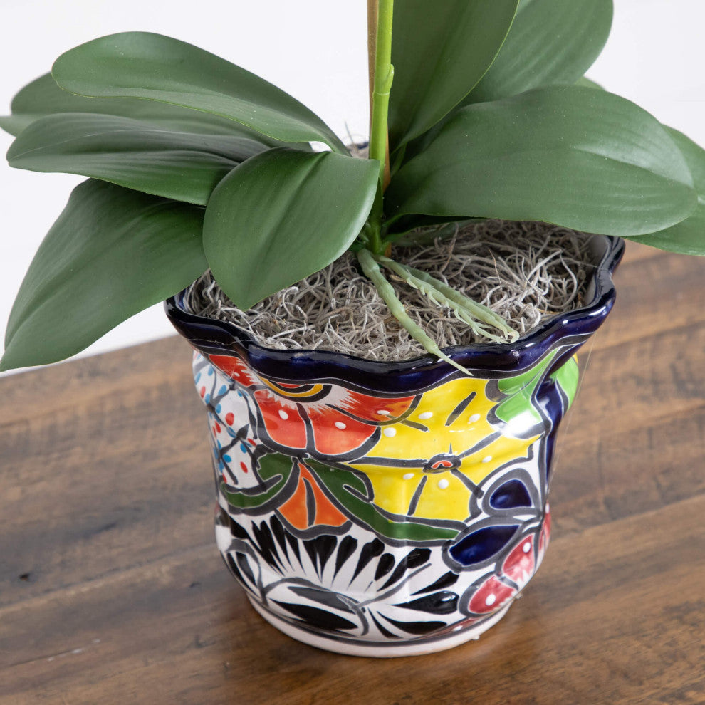 26in Faux Double Orchid Arrangement, Handmade Mexican Talavera Ceramic Planter