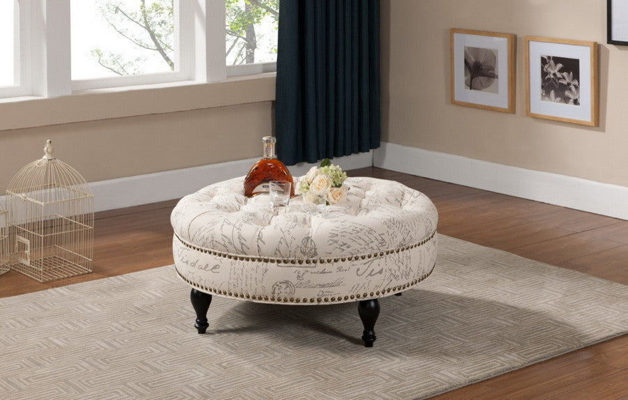 Palfrey Beige Script Print Modern Tufted Ottoman