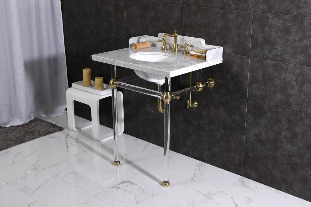 Kingston Brass LMS30MA7 30" Carrara Marble Console Sink, Acrylic Legs