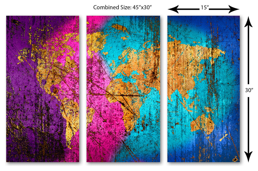 Abstract Wave Wall Art World Map Canvas Print, 3 Panel Split, Triptych