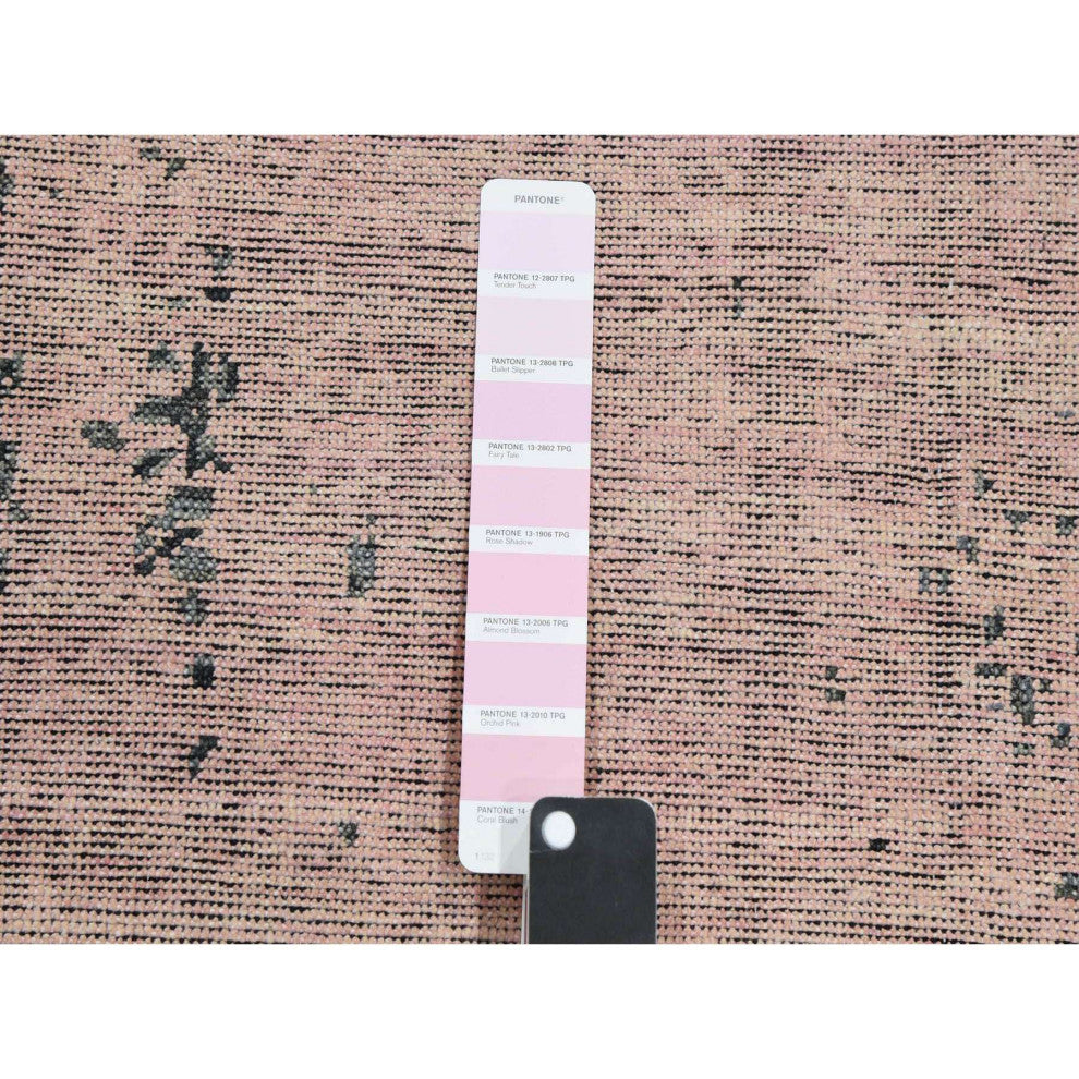 Pink and Gray, Hand Knotted Erased Persian Design, Pure Silk Rug, 8'9"x12'2"