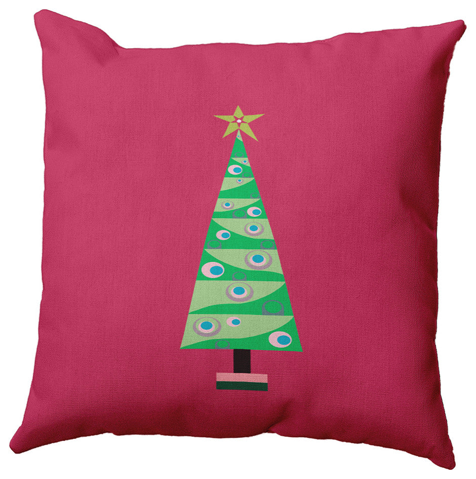 Cartoon Christmas Tree Accent Pillow, Holiday Pink, 18"x18"