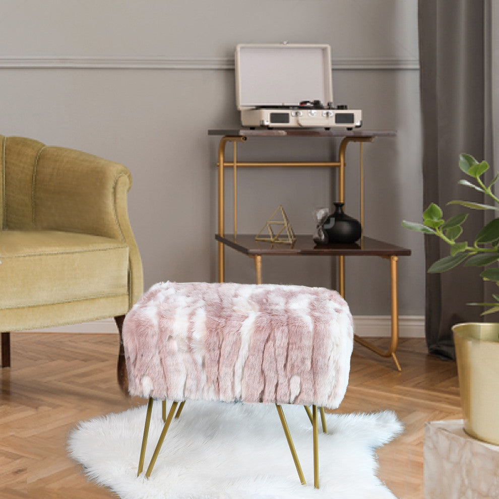 Soft Faux Fur Ottoman Fuzzy Entryway Bench Seat, Pink, 19"x13"x17"