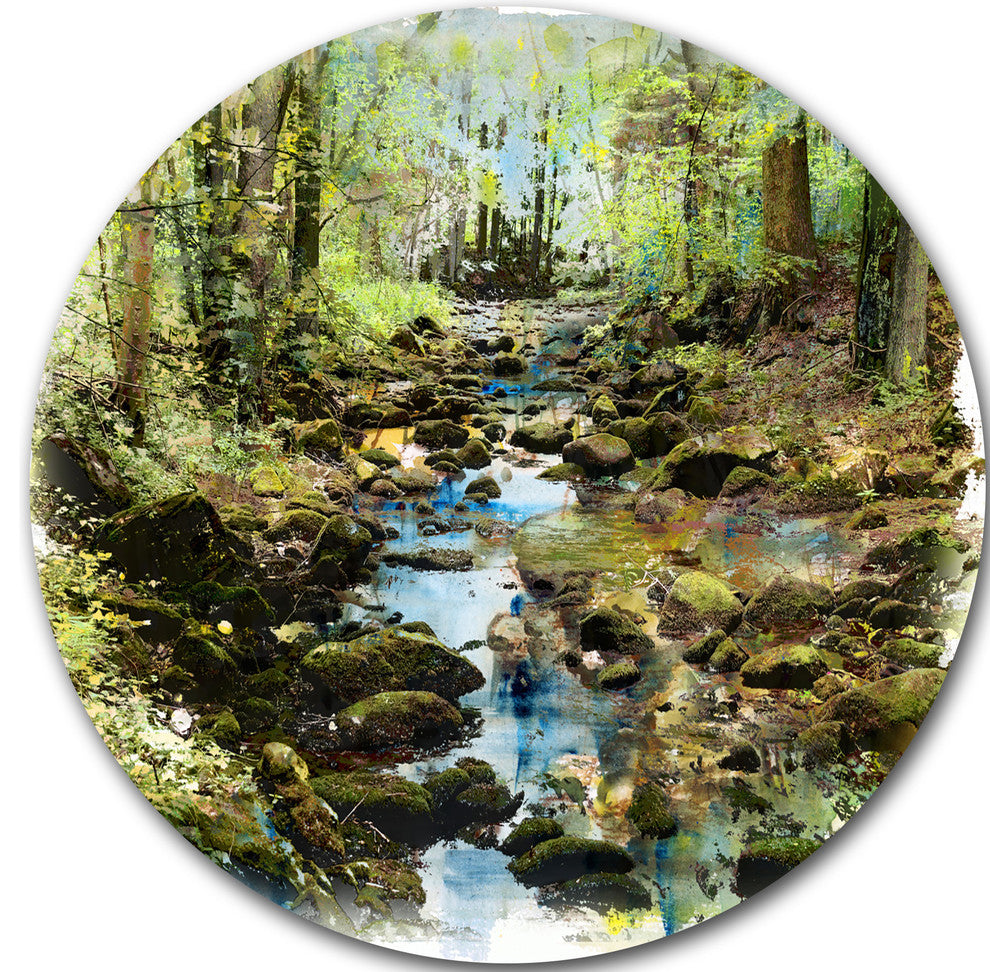 Stream In The Forest, Landscape Painting Round Wall Art, 11"