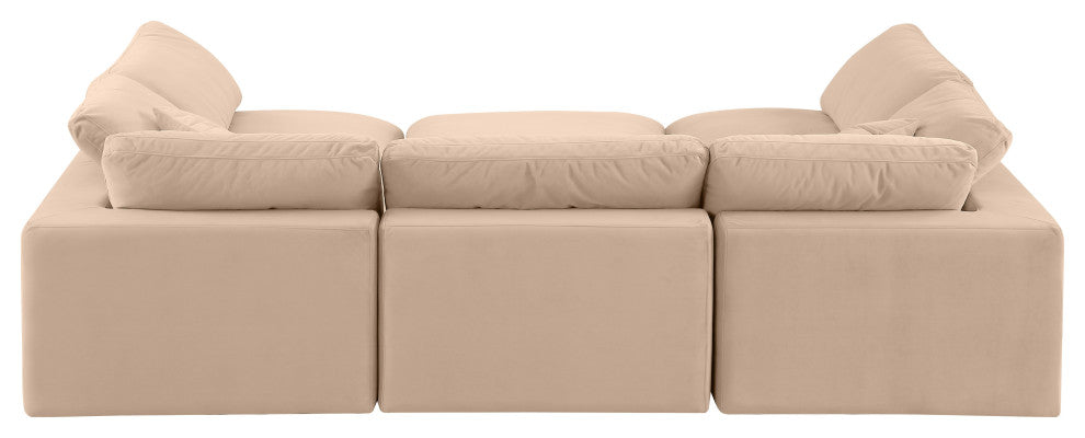 Comfy Upholstered U-Shaped Modular Sectional, Beige, 6-Piece: 3 Armless Chair, 2 Corner Chair, 1 Ottoman, Velvet