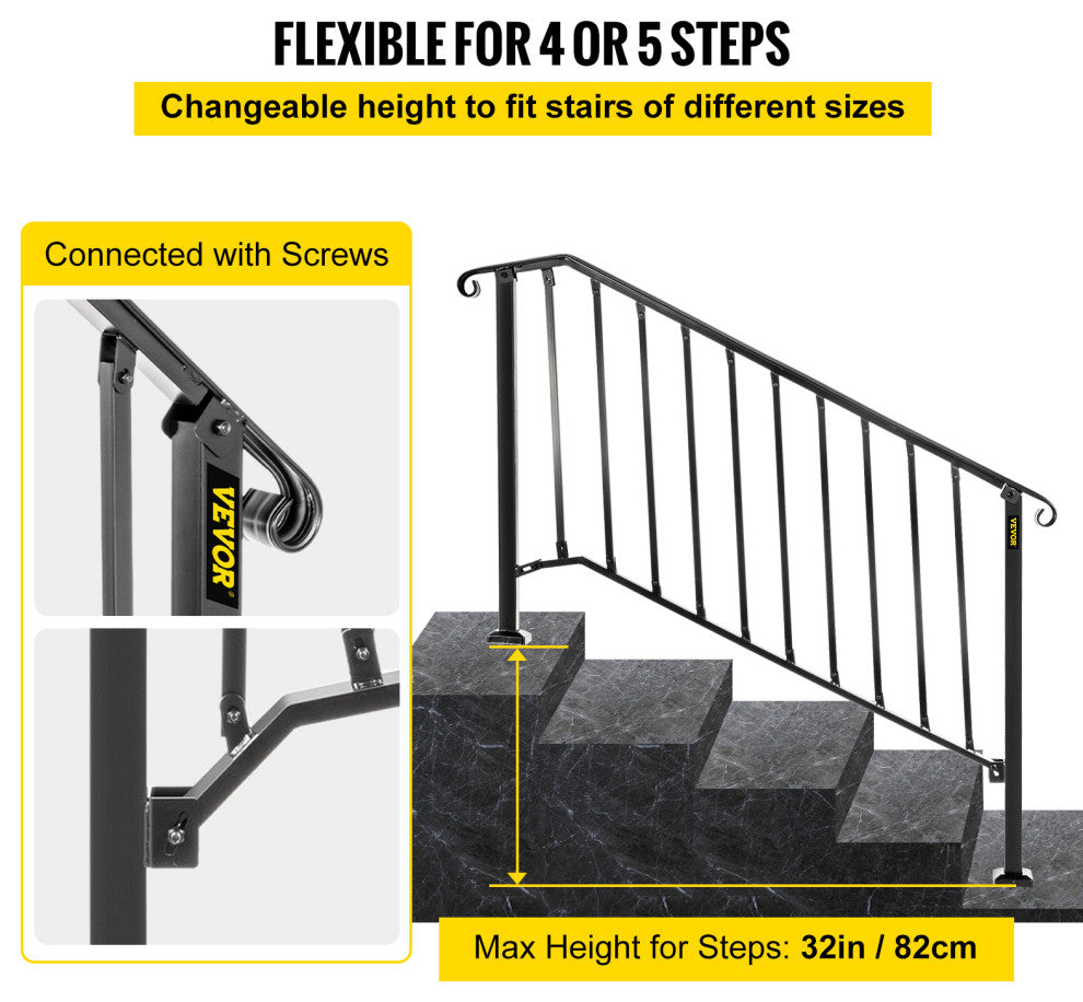 Wrought Iron Handrail Outdoor Stair Rail with Installation Kit, Black, Fit 4-5 Steps