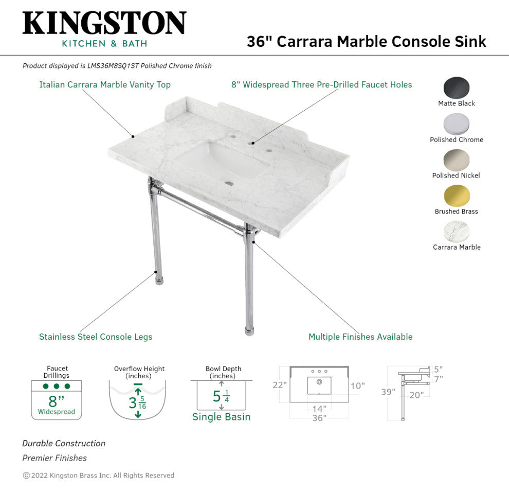 Kingston Brass LMS36M8SQ6ST 36" Carrara Marble Console Sink, Legs