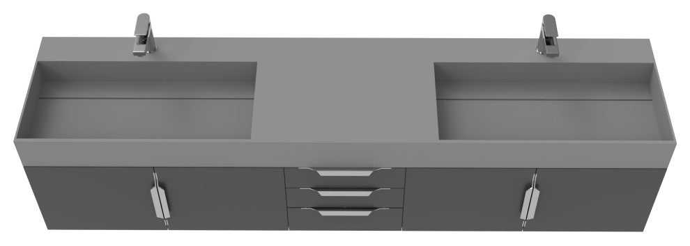 CastelloUSA Amazon 84" Wall Mounted Bathroom Vanity Set, Black, Gray Top, Brushed Nickel