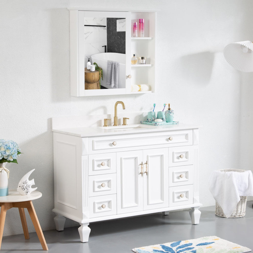 Solid Wood Bathroom Vanity with Quartz Top and cUPC Certified Sink, White, 48 Inch