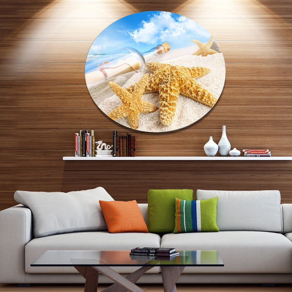 Message In Bottle Buried In Sand, Seashore Disc Metal Wall Art, 23"