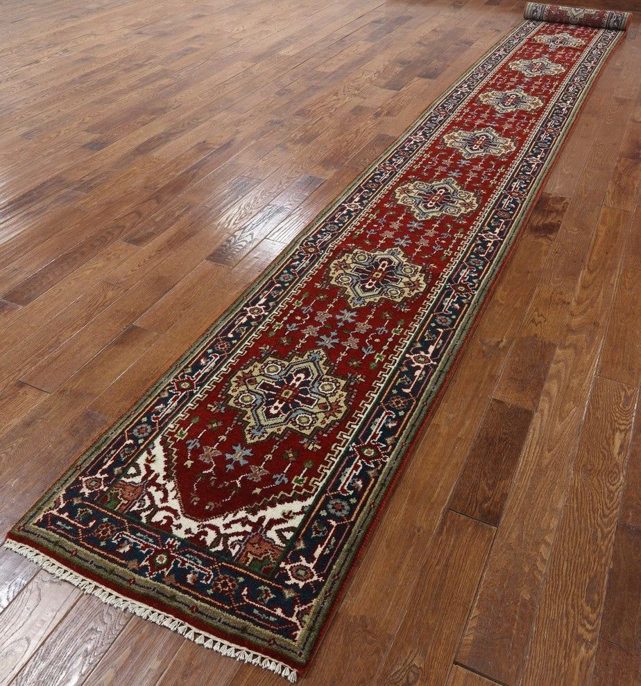 Red & Blue Oriental Runner 3'x20' Heriz Serapi Hand Knotted Wool Rug H9218