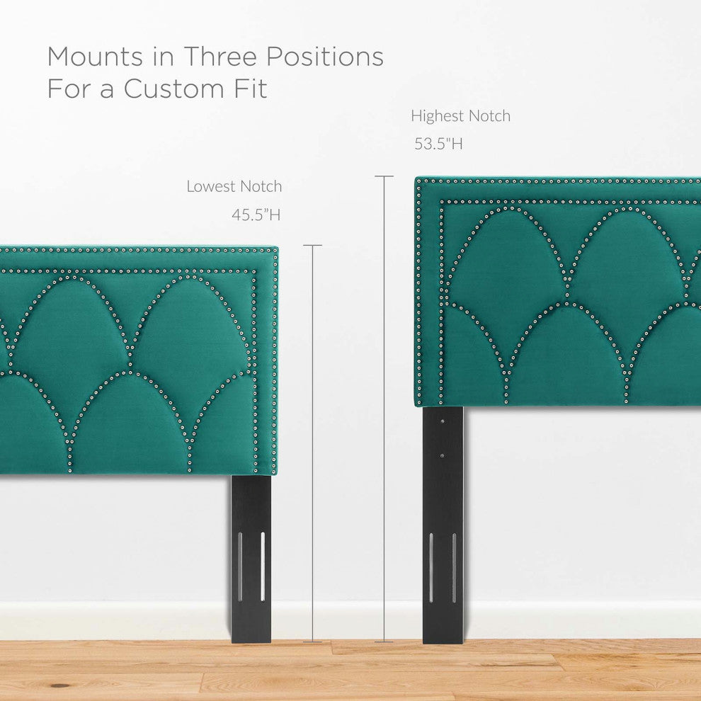 Platform Bed Frame, Nailhead, Queen Size, Teal Blue, Velvet, Modern