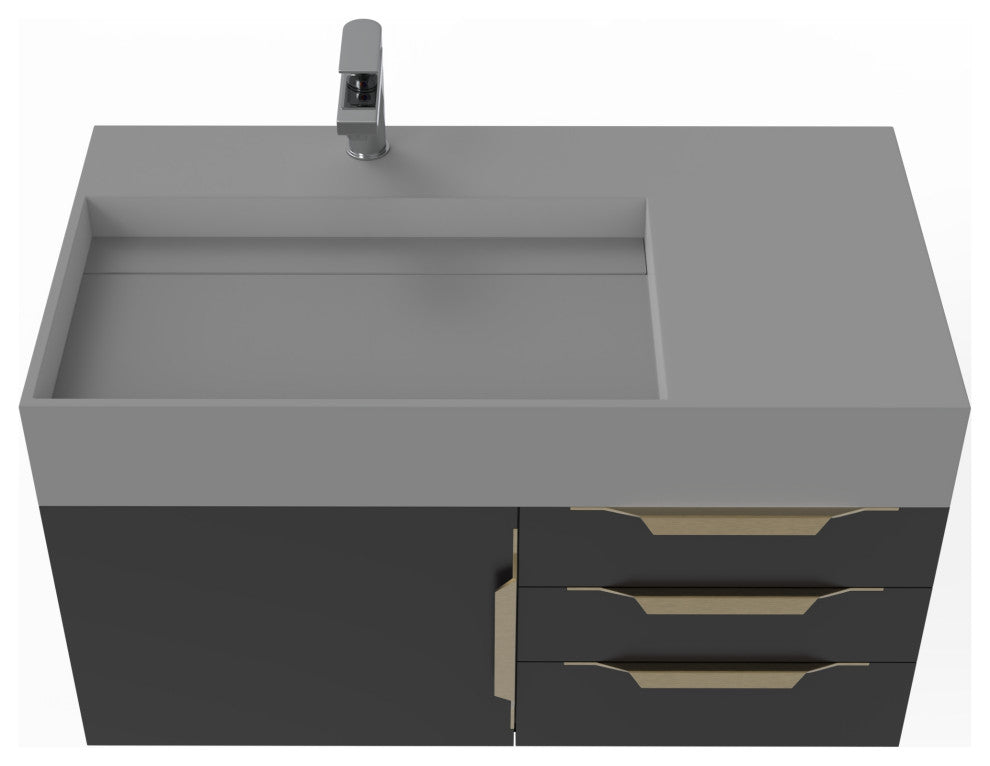 CastelloUSA Amazon 36" Wall Mount Vanity Set, Black, Gray Top, Gold Handles