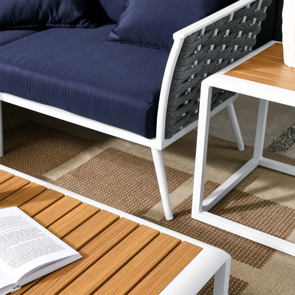 Lounge Sectional Sofa Chair Table Set, Navy White, Aluminum, Modern, Outdoor