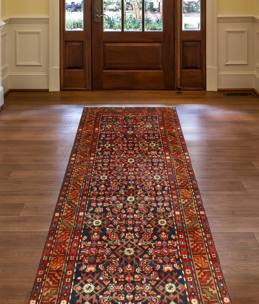 Fine Vintage Distressed Majeed Navy/Red Runner, 3'7 x 9'4