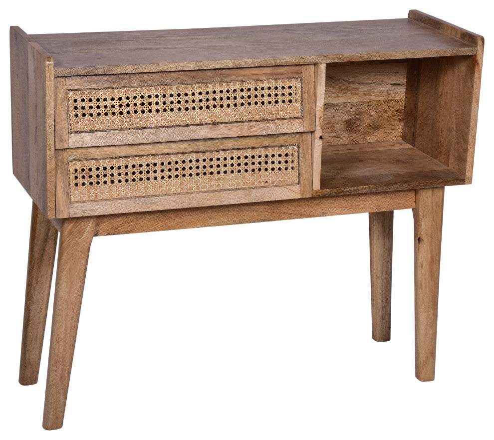 Benzara UPT-272542 2 Drawer Mango Wood Rectangular Console Table, Natural Brown