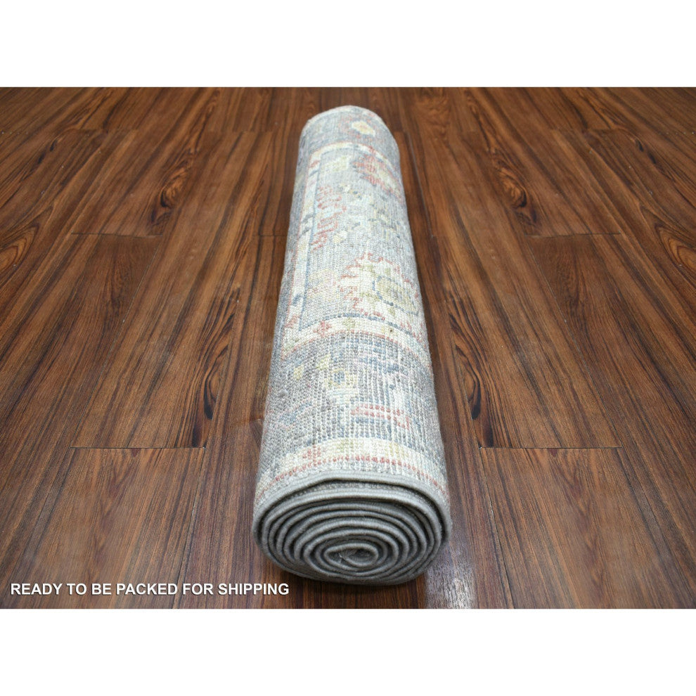 Gray, Afghan Wool Hand Knotted, Angora Ushak Runner Rug, 2'6"x9'5"