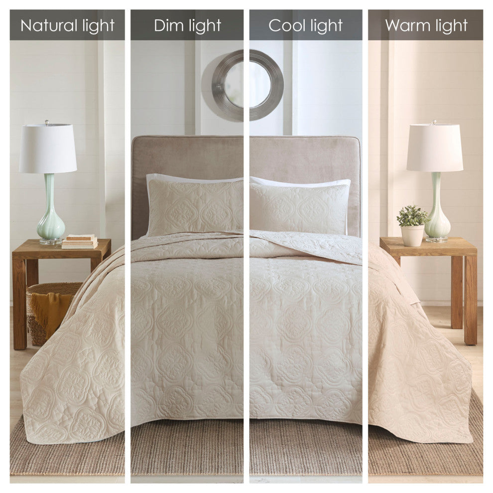 510 Design Oakley Quilted Oversized 3-Piece Bedspread Set, Cream, Full/Queen