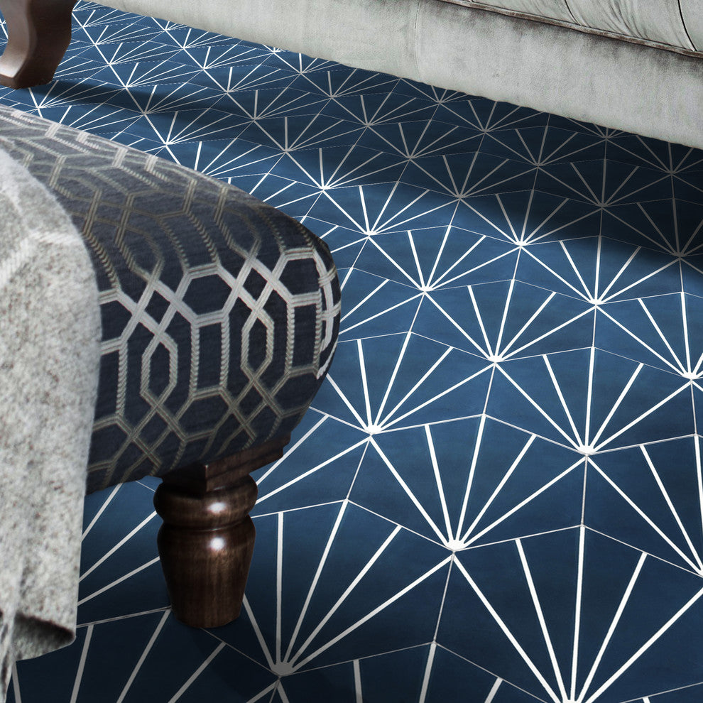 8"x9" Menara Handmade Cement Tiles, Set of 12, Navy Blue/White