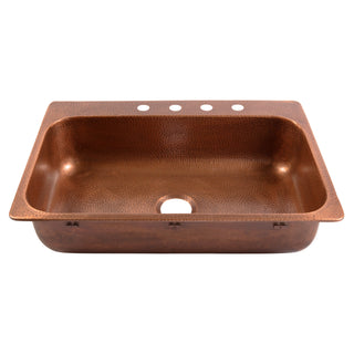 Angelico Copper 33" Single Bowl Drop-In Kitchen Sink with 4 Holes